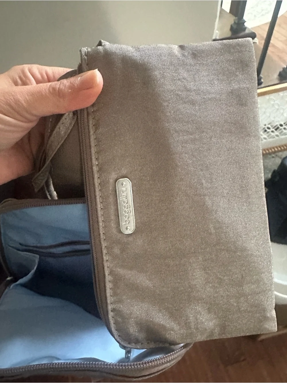 Baggallini Taupe Sling Backpack with Front Zip Pocket travel bag
